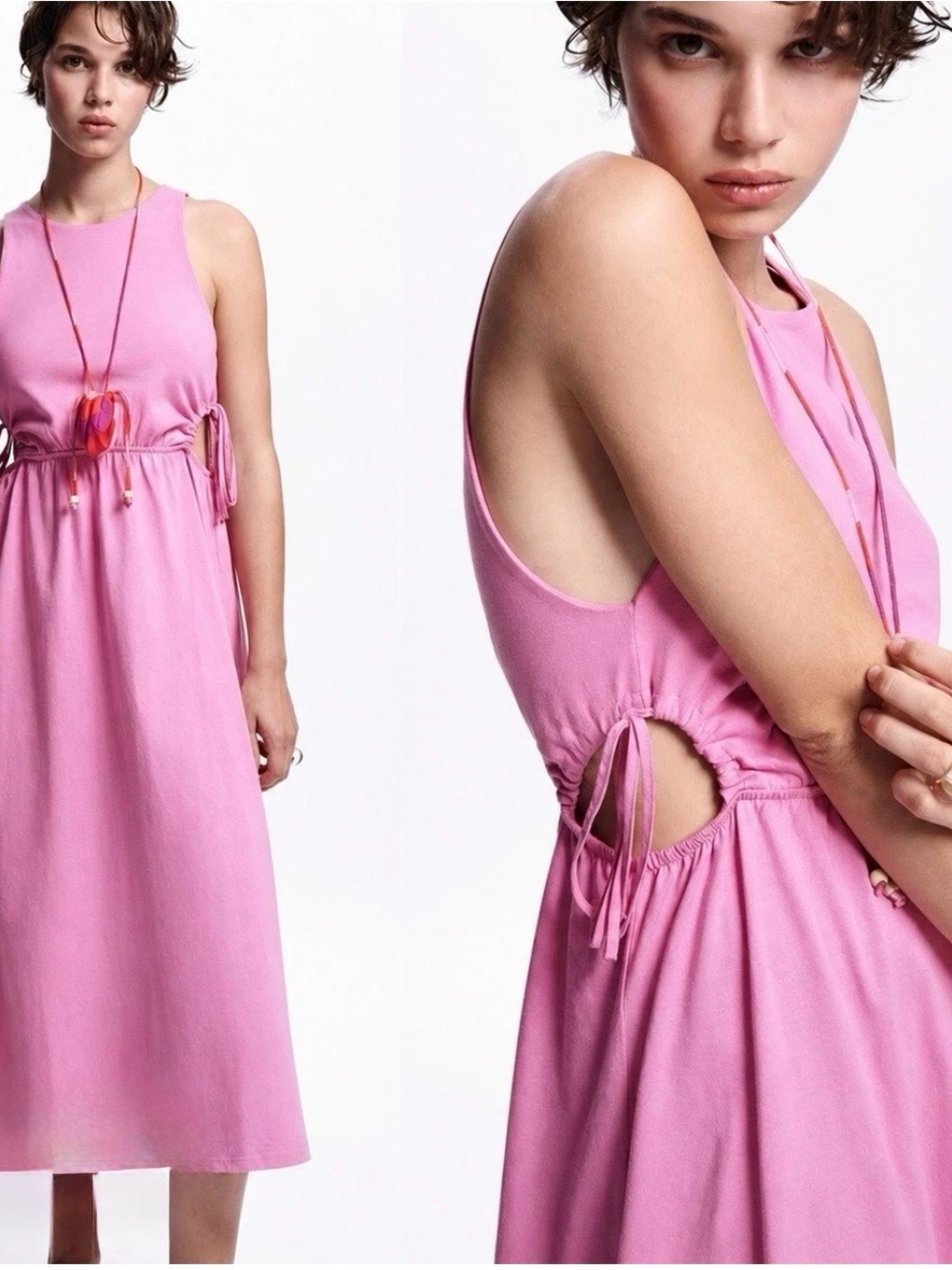 Zara Pink Sleeveless Midi Dress with Side Tie Details and open back